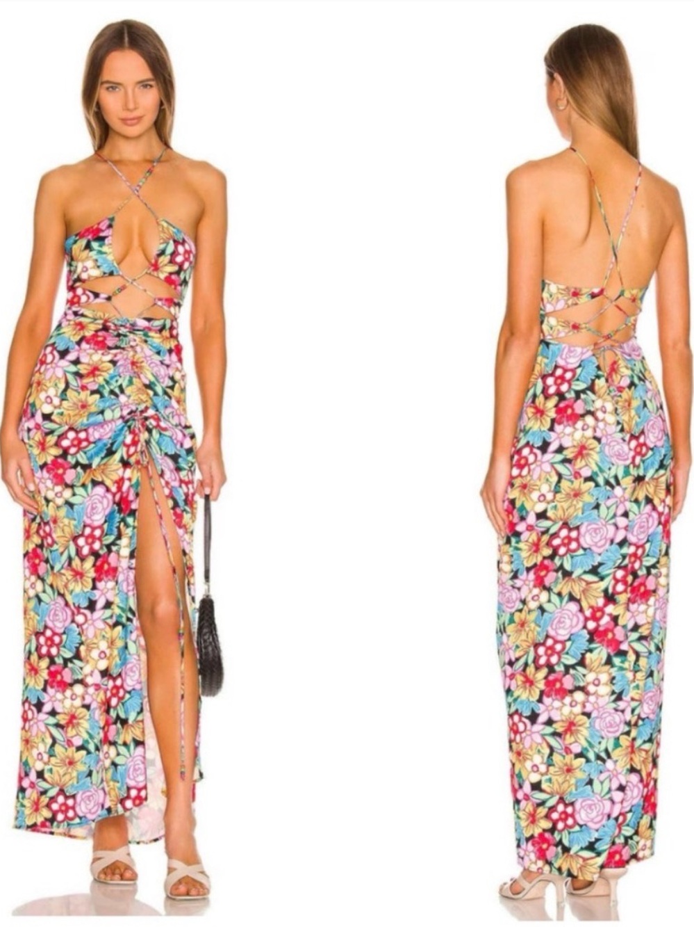 For Love & Lemons Multicolor Floral Backless Strappy Maxi Dress